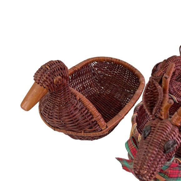 Vintage 6 Wicker and Wood Animal Basket 6 pc Lot Turkey Duck Rabbit Reindeer - Picture 13 of 15